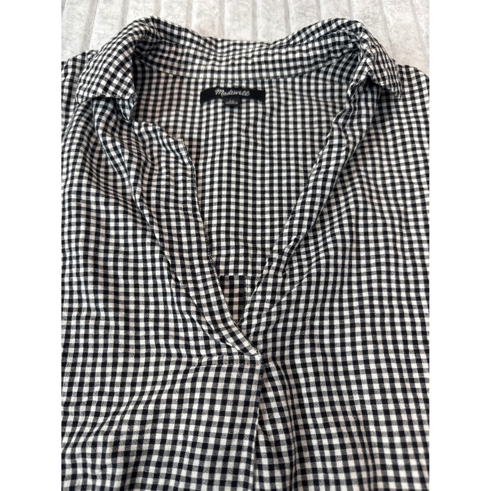Madewell Gingham Check Short Sleeve V Neck Shirt Top Womens XS Black White